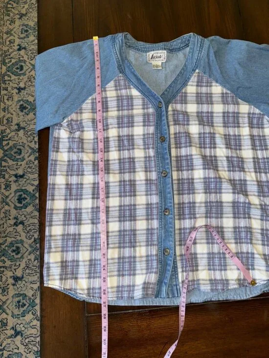 Lajate Denim & Plaid Flannel Button Down Shirt Shacket Womens Large 80s Vintage - Picture 9 of 9